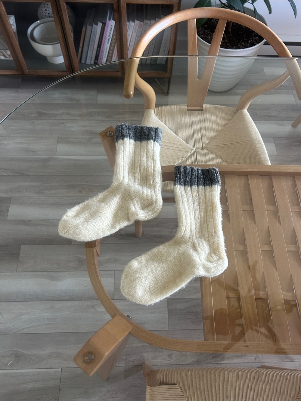 Hand Knitted 100% Wool Cream Ribbed Wool Socks with Dark Gray Cuffs